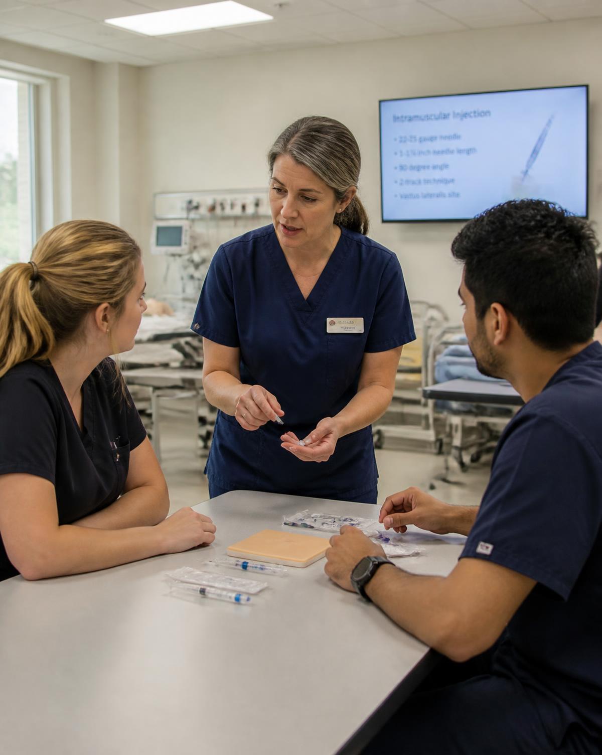 Instructor teaching two students in a healthcare skills laboratory
