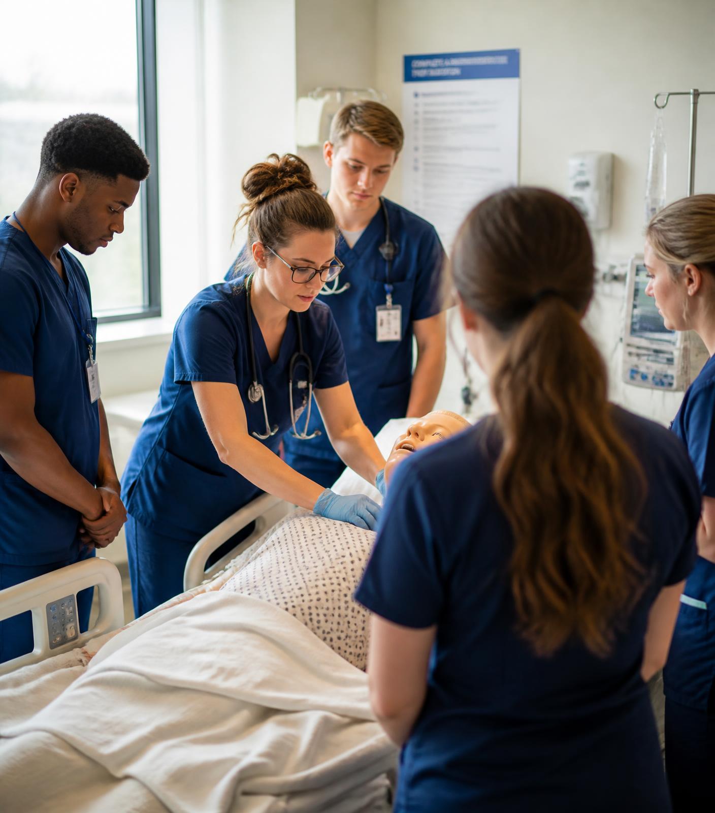 Healthcare students practising patient care in a clinical skills lab