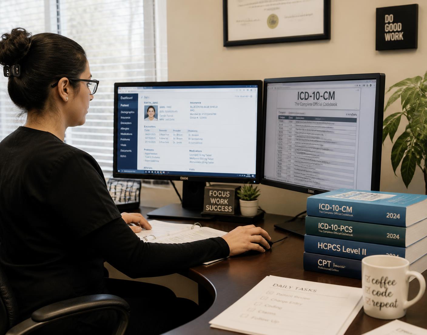 Medical coder reviewing patient records and coding references at an office desk