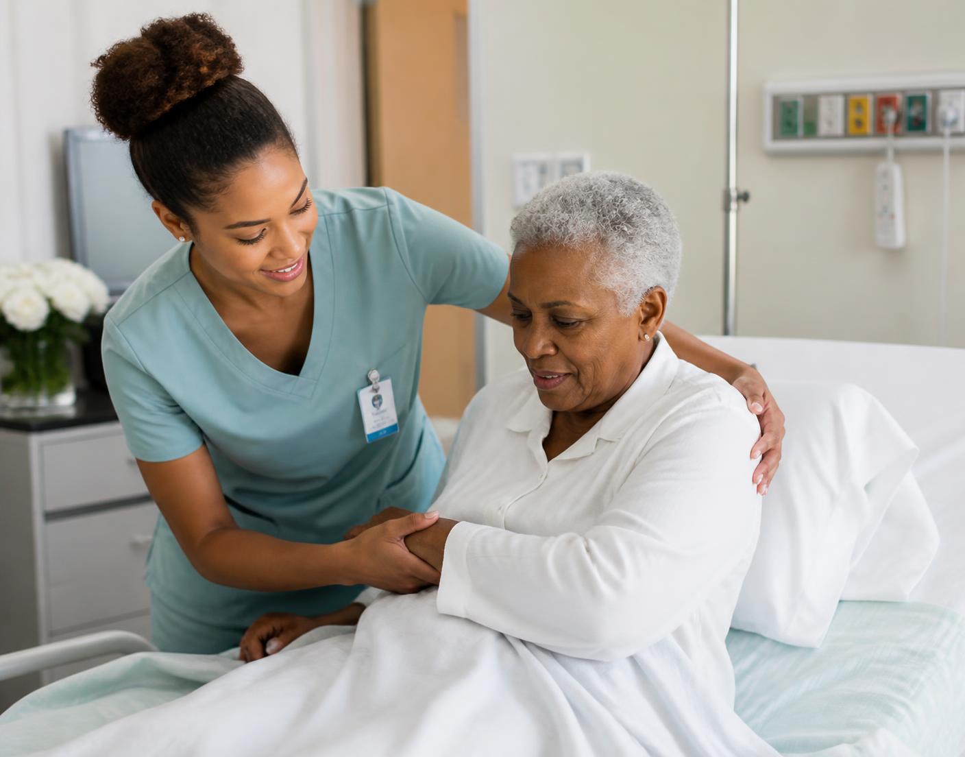 Nursing assistant student supporting an older patient at the bedside