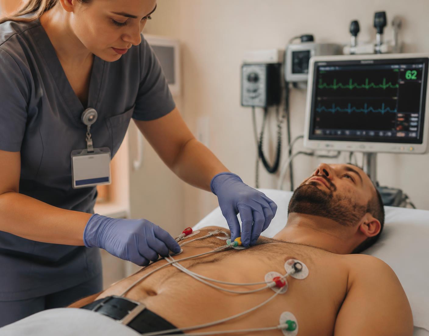 Technician placing EKG electrodes on a patient with cardiac monitor nearby