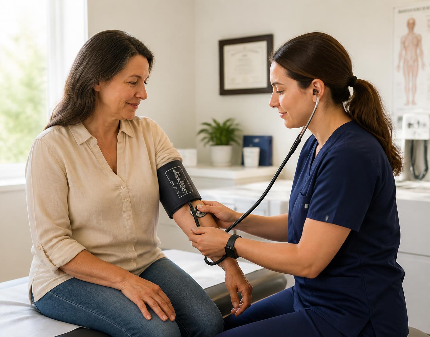 Medical assistant taking a seated patient's blood pressure in an exam room